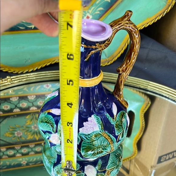 Hand-Painted Blue Ceramic Pitcher with Floral Design - Picture 6 of 6